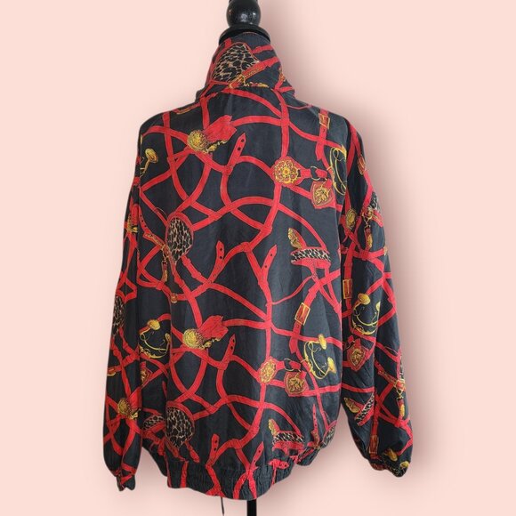 Vintage EVR 90s Silk Bomber Jacket with Baroque Chain Print retro size XL - Picture 2 of 6